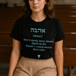 Camiseta preta com estampa em azul escrito em hebraico Ahavah.