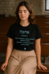 Camiseta preta com estampa em azul escrito em hebraico Ahavah.