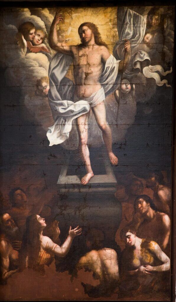 Pintura a óleo sobre a Ressurreição de Cristo, com as almas do Purgatório olhando em súplica para Jesus Redentor.