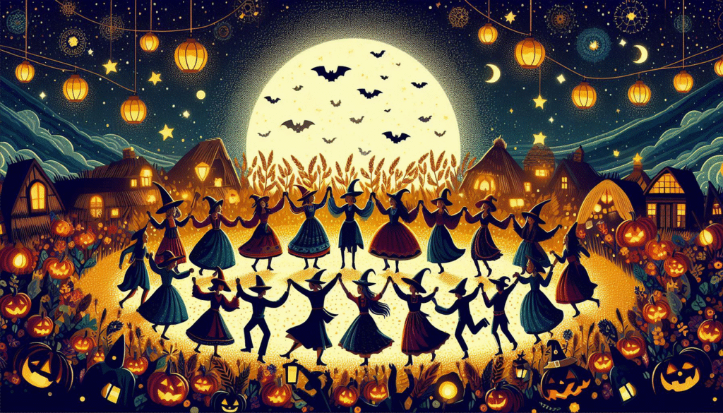 Ilustração noturna do festival Samhain, mostrando figuras dançando sob a lua cheia com abóboras (Jack-o'-lanterns) e morcegos, representando a origem pagã do Halloween.