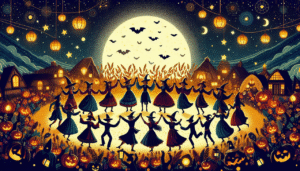 Ilustração noturna do festival Samhain, mostrando figuras dançando sob a lua cheia com abóboras (Jack-o'-lanterns) e morcegos, representando a origem pagã do Halloween.