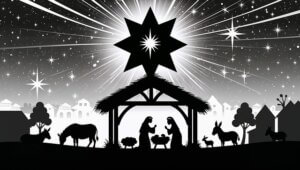 "Cena da Natividade em estilo de silhueta preta e branca. Maria e José estão ajoelhados ao lado do Menino Jesus na manjedoura, dentro de um estábulo simples. Uma enorme estrela brilhante irradia luz no céu escuro e estrelado acima, com outras estrelas menores. Ao redor, há animais como burros e ovelhas, e um vilarejo com casas ao fundo."