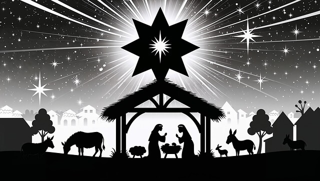 "Cena da Natividade em estilo de silhueta preta e branca. Maria e José estão ajoelhados ao lado do Menino Jesus na manjedoura, dentro de um estábulo simples. Uma enorme estrela brilhante irradia luz no céu escuro e estrelado acima, com outras estrelas menores. Ao redor, há animais como burros e ovelhas, e um vilarejo com casas ao fundo."