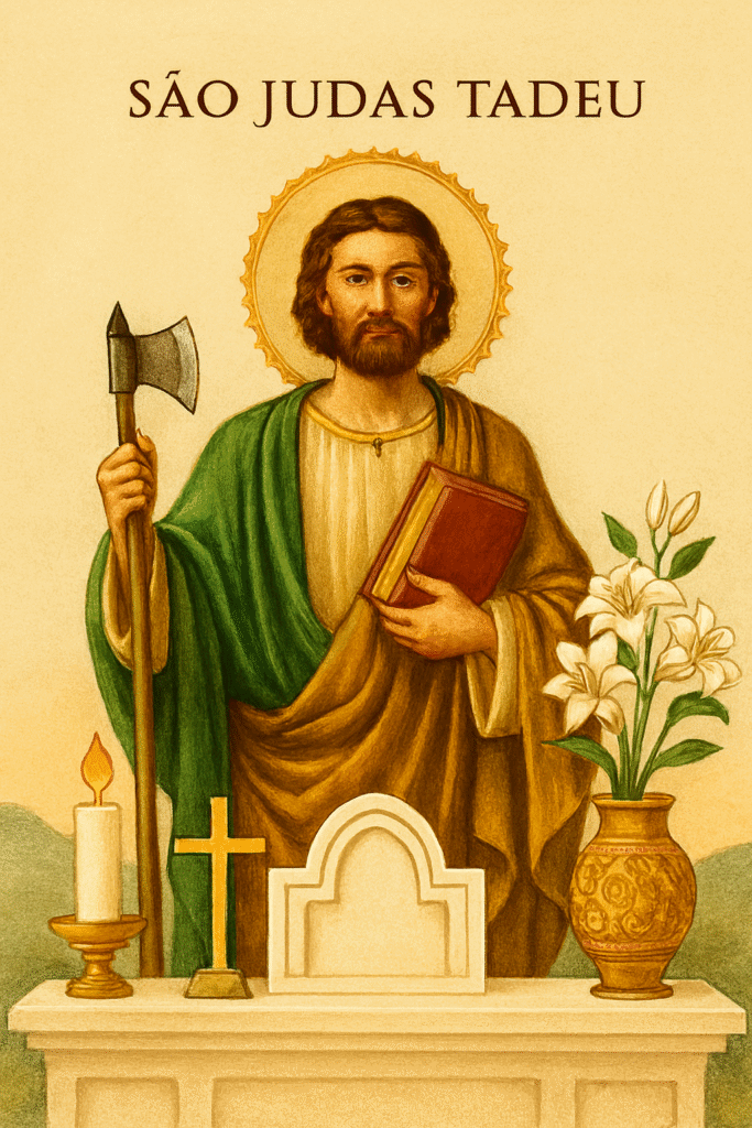 um altar virtul de são Judas Tadeu com uma vela acesa, uma cruz e um vazo com lírios