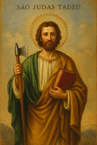 ícone de São Judas Tadeu, clássica, com uma Bíblia em uma mãoe uma machadinha na outra representando o seu martírio
