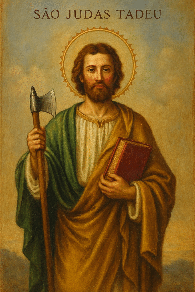 ícone de São Judas Tadeu segurando um machado representando seu martírio e a santa escritura representando a evangelização