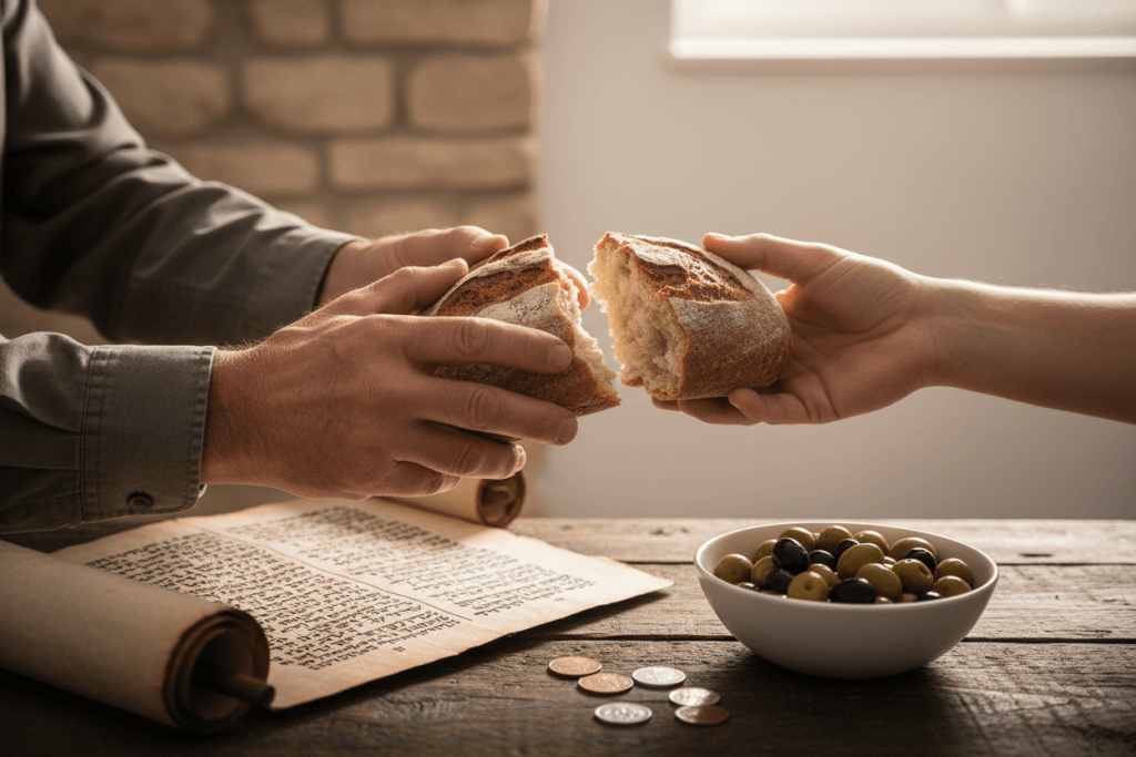 Fotografia em close-up focada em mãos partilhando um pão rústico. Ao lado, um pergaminho antigo e uma tigela com moedas simbolizam a conexão entre a caridade bíblica e o princípio da destinação universal dos bens e a função social da propriedade na Doutrina Social da Igreja.