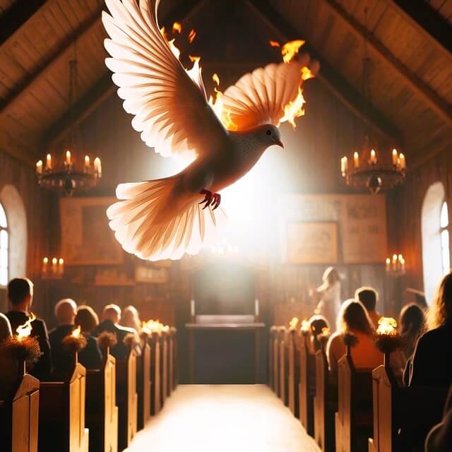 imagem gerada por IA, de uma pomba representando o Espírito Santo,envolto em chamas dentro de uma igreja com pessoas sentadas voltadas para o altar.