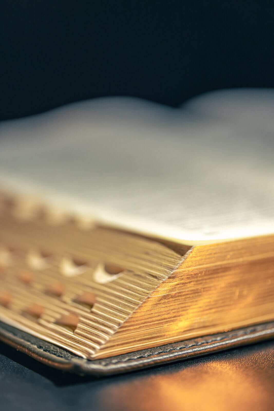 "Detalhe lateral de uma Bíblia luxuosa com douração nas páginas e recortes de índice. A fotografia evoca a antiguidade e o valor histórico do texto sagrado, servindo de metáfora para o estudo das línguas originais e das culturas que moldaram os escritos bíblicos."