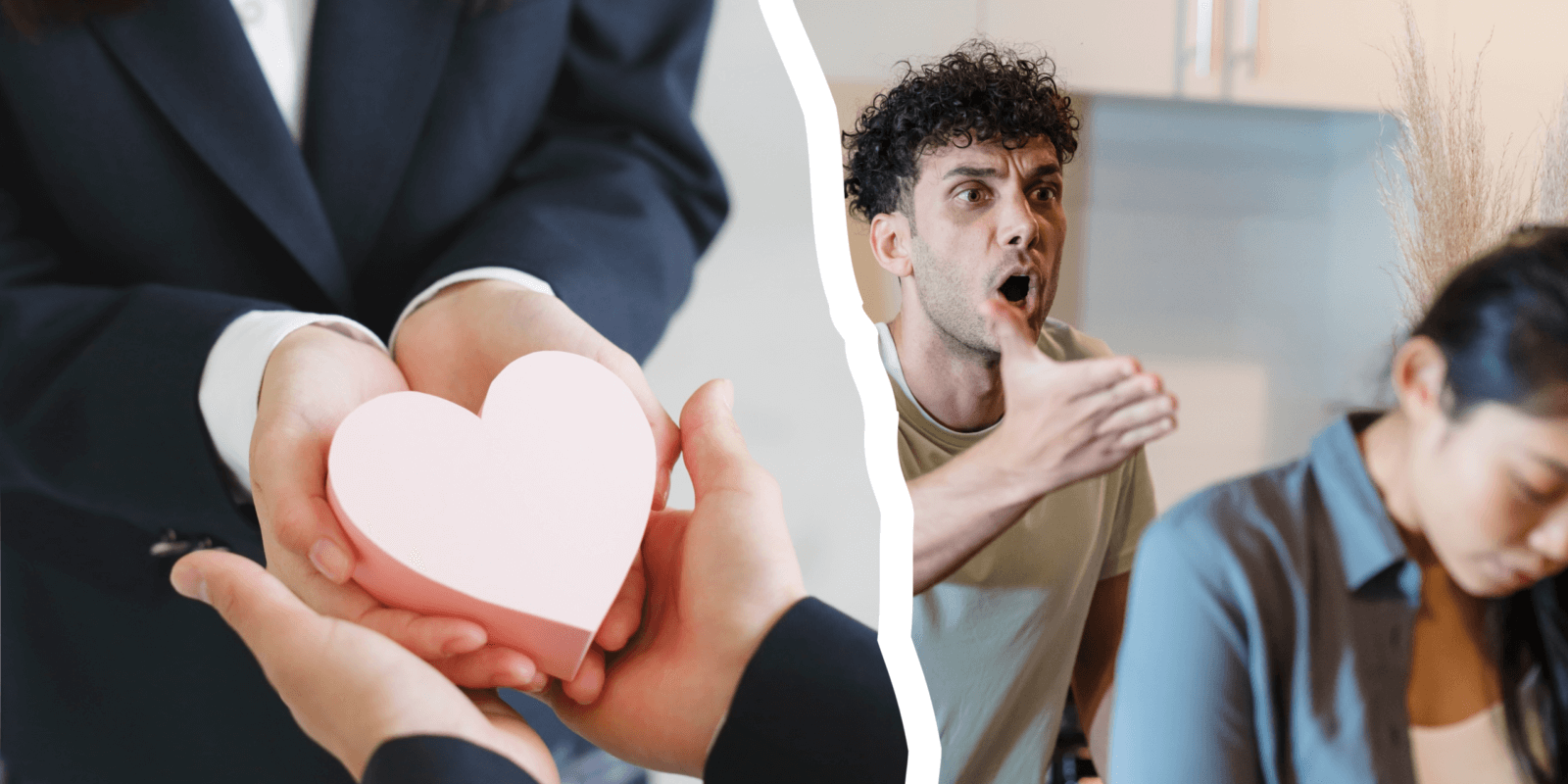 "Imagem dividida por um efeito de rasgo central. À esquerda, mãos em trajes formais entregam um coração rosa, simbolizando a caridade e a busca pelo bem. À direita, uma cena de conflito mostra um homem gritando e uma mulher desolada, ilustrando a desordem causada por escolhas longe da virtude. A composição representa a luta constante entre o bem e o mal na formação do caráter cristão."