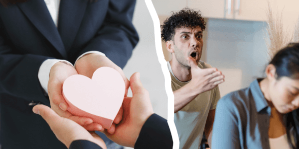 "Imagem dividida por um efeito de rasgo central. À esquerda, mãos em trajes formais entregam um coração rosa, simbolizando a caridade e a busca pelo bem. À direita, uma cena de conflito mostra um homem gritando e uma mulher desolada, ilustrando a desordem causada por escolhas longe da virtude. A composição representa a luta constante entre o bem e o mal na formação do caráter cristão."