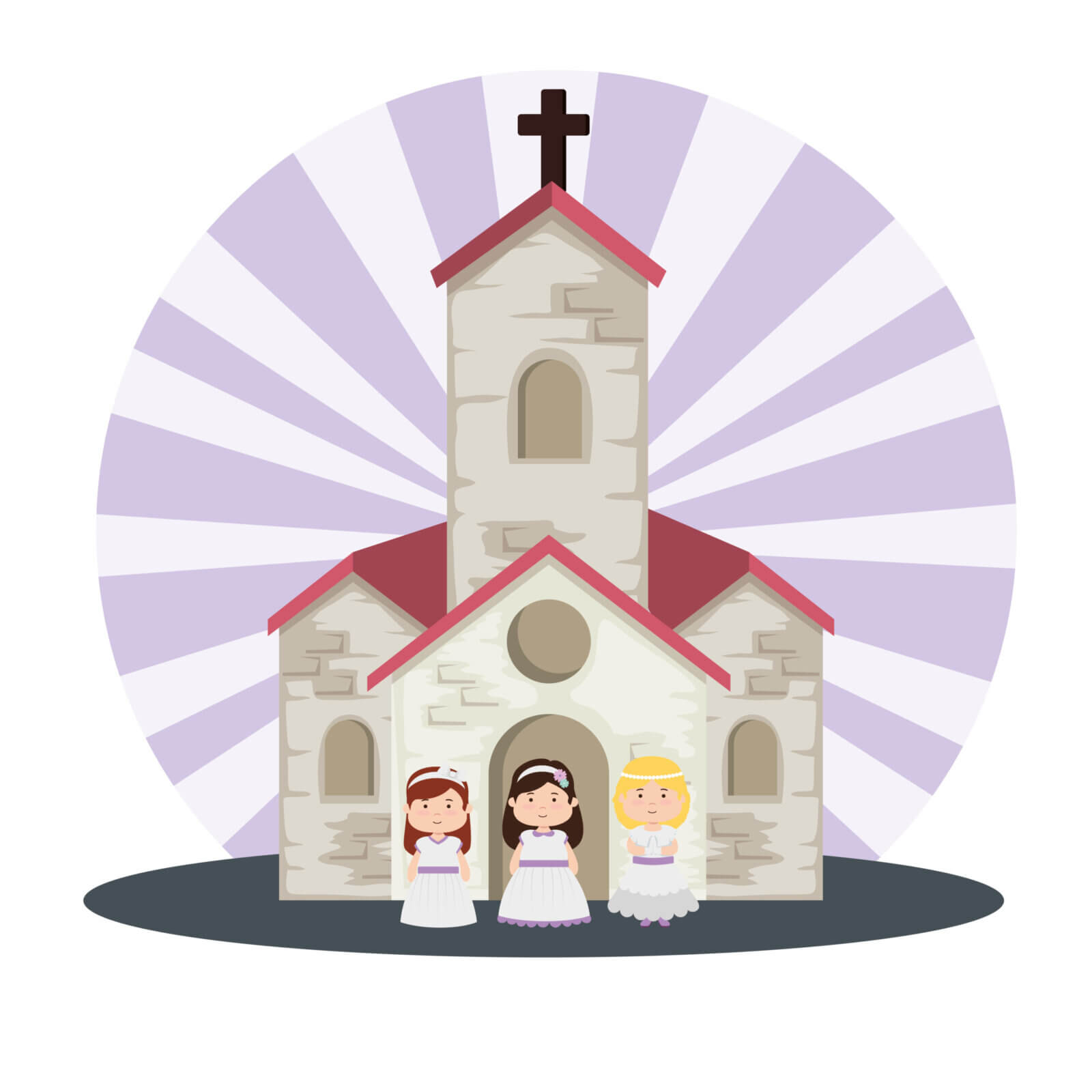 "Desenho estilizado de uma igreja com três crianças vestidas para uma cerimônia sacramental. A cena ilustra como os sacramentos são eventos visíveis na comunidade que conferem uma realidade espiritual invisível, marcando o crescimento da vida cristã."