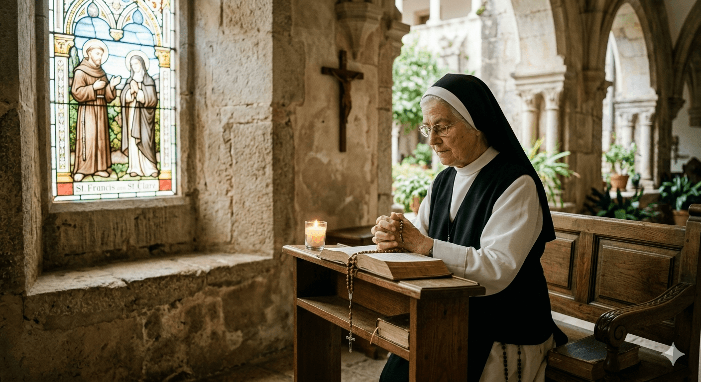 Uma foto de uma freira idosa com óculos e um hábito tradicional de joelhos em oração; em um banco de madeira em um interior de igreja rústico. Ela está inclinada sobre um genuflexório, com as mãos entrelaçadas segurando um rosário sobre uma Bíblia aberta. Uma vela branca acesa ilumina a cena. À esquerda, uma grande janela de vitral colorido retrata São Francisco e Santa Clara (com inscrições em inglês). Um crucifixo simples de madeira está pendurado na parede de pedra atrás dela. Ao fundo, arcos góticos levam a um claustro iluminado pelo sol com plantas. A atmosfera é pacífica e contemplativa.